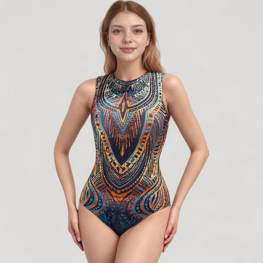 Tribal Print One Piece Swimsuit with High Neckline and Sculpting Silhouette