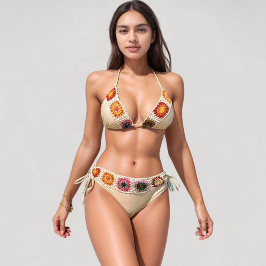 Crochet Detail Triangle Bikini Set with Adjustable Ties and Floral Knit Accents