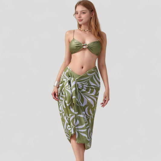 Ring Front Bikini Top with Adjustable Straps and Tropical Leaf Print Sarong Cover-Up Skirt