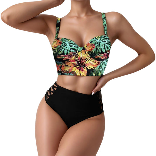 Tropical Print Longline Bikini Top with High Waist Bottom and Lattice Side Details