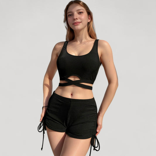 Ribbed Knit Two-Piece Lounge Set with Crisscross Crop Top and Ruched Drawstring Shorts