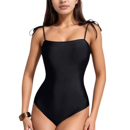 Classic One Piece Swimsuit with Adjustable Shoulder Tie Straps and Straight Neckline