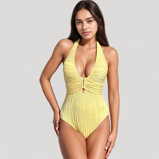 Ribbed Plunge One Piece Swimsuit with Halter Neckline and Keyhole Front Detail