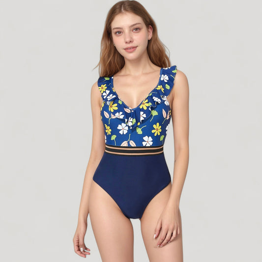 Ruffle One-Piece Swimsuit with Floral Print Bodice and Striped Waistband Detail