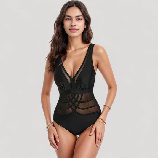 Mesh Panel One Piece Swimsuit with Deep V Neck and Geometric Striped Waist Design