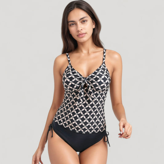 Tankini Top with Front Tie and Adjustable Side Bottoms Two Piece Swimsuit