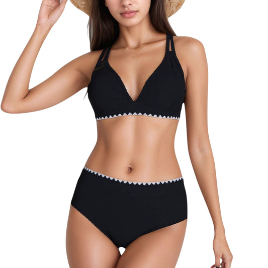 High Waist Bikini Set with Triangle Trim Details and Adjustable Straps for a Supportive and Flattering Beachwear Look