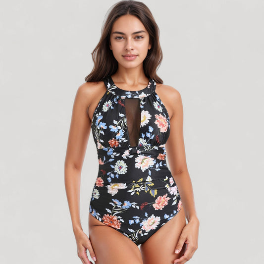 Halter Neck One Piece Swimsuit with Keyhole Front Detail and Floral Patterned Bodice for a Feminine and Flattering Look