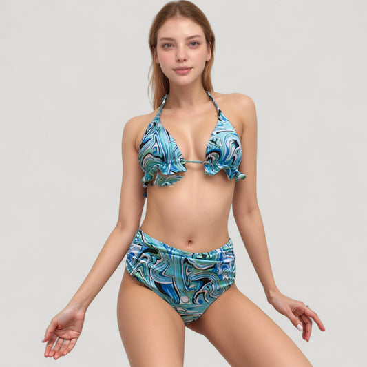 Ruffle Trim Swirl Print Halter Bikini Set with High Waist Bottoms