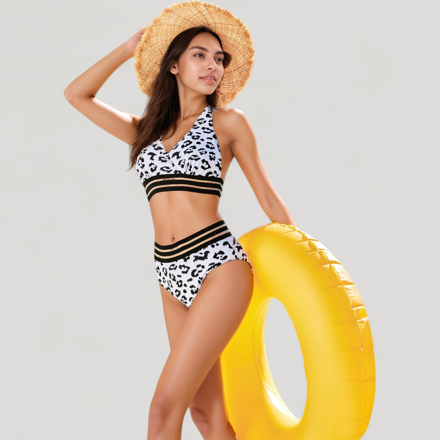Leopard Print Bikini Set with Striped Elastic Halter Top and High Waist Bottoms for a Sporty Wild Look