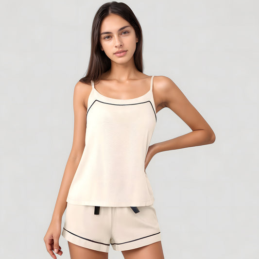 Cami and Shorts Pajama Set with Contrast Trim and Adjustable Waist Tie