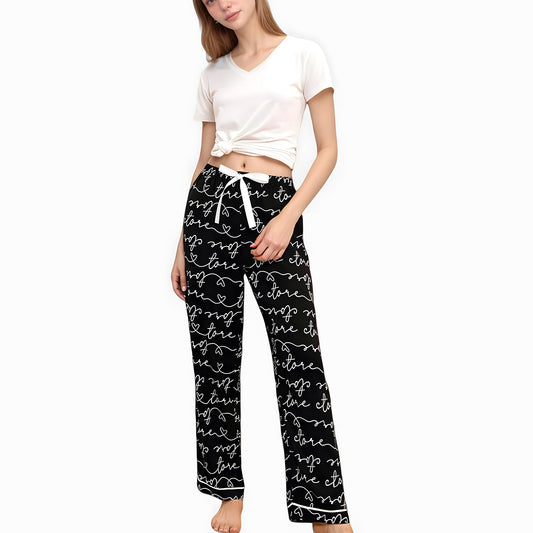 Short Sleeve V-Neck Pajama Set with Script Print Lounge Pants and Drawstring Waistband