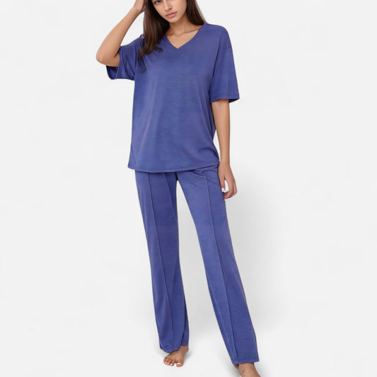 Short Sleeve V-Neck Pajama Set with Relaxed Fit Knit Top and Wide Leg Lounge Pants