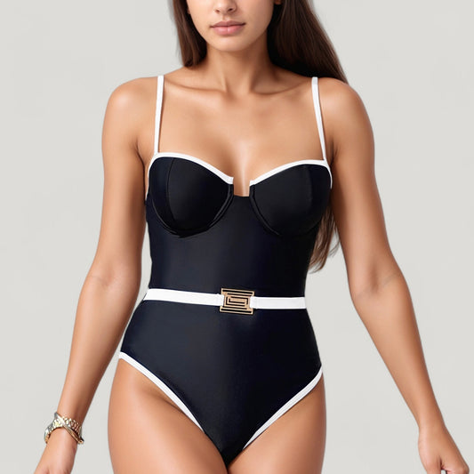 One-Piece Swimsuit with Contrast Trim Underwire Cups and Decorative Belt Detail