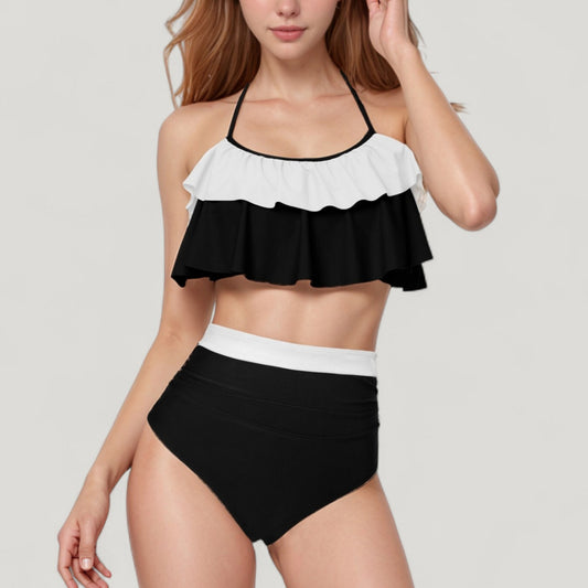 Ruffle Flounce Bikini Top and High Waist Bottom Two-Piece Swimsuit with Contrast Trim