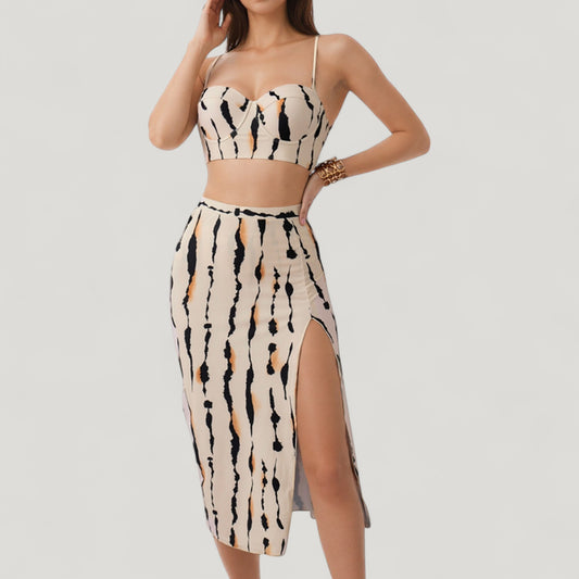 Three-Piece Swimsuit Set with Printed Underwire Bikini Top High Waist Bottom and Matching Side Slit Skirt Cover-Up