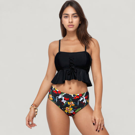 Peplum Lace-Up Tankini Top and High Waist Floral Print Bikini Bottom Two-Piece Swimsuit
