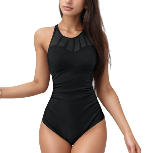 High Neck Mesh Panel One-Piece Swimsuit with Ruched Waist and Full Coverage Design