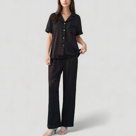 Short Sleeve Button-Down Striped Pajama Top with Matching Wide Leg Pants Sleepwear Set