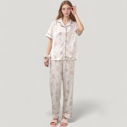Cartoon Bunny Print Pajama Set with Short Sleeve Button-Up Top and Wide Leg Lounge Pants