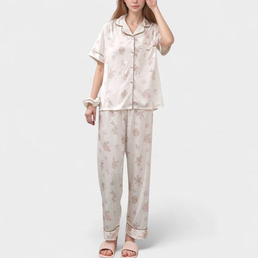 Cartoon Bunny Print Pajama Set with Short Sleeve Button-Up Top and Wide Leg Lounge Pants