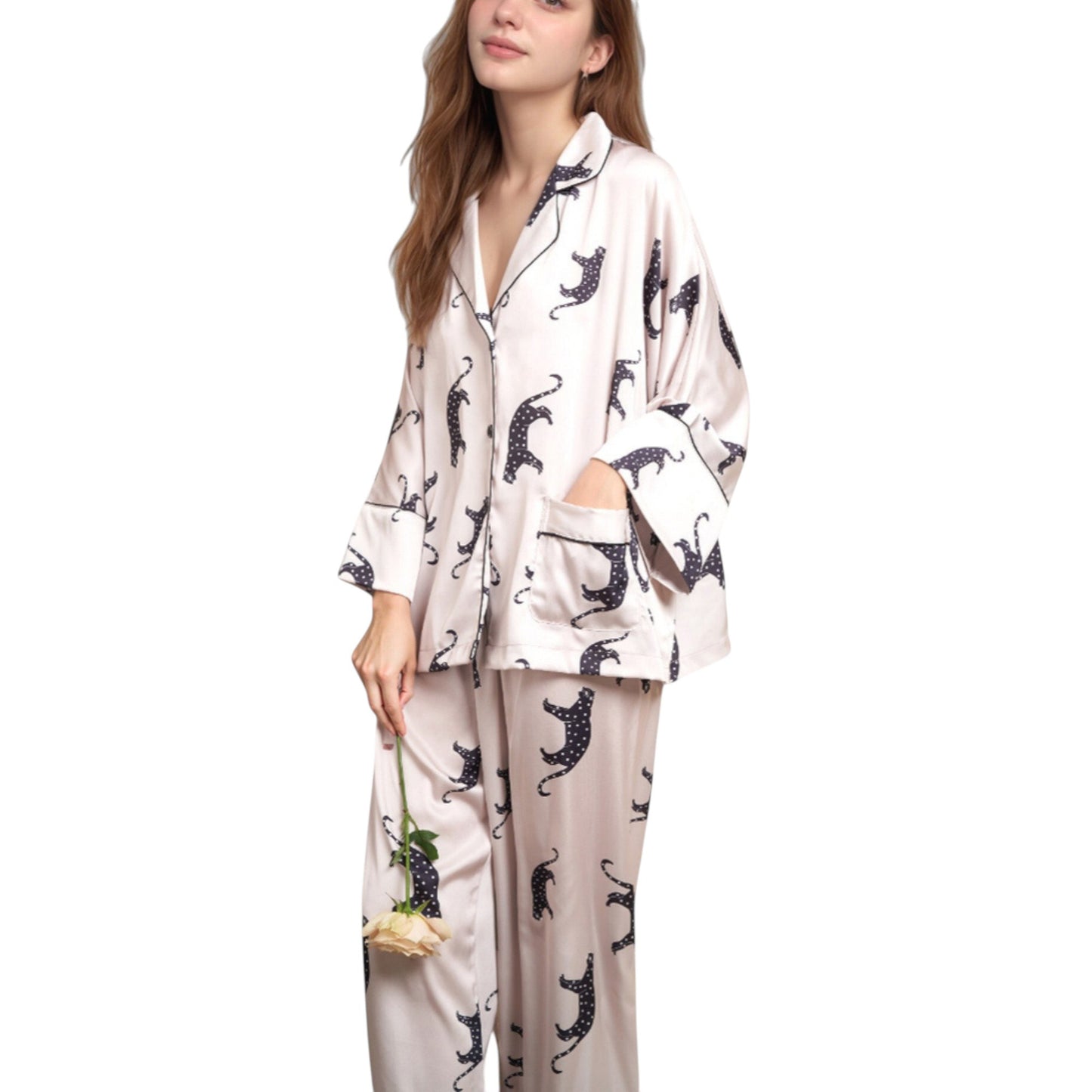 Cat Print Satin Pajama Set Long Sleeve Button-Up Top with Elastic Waist Full-Length Pants