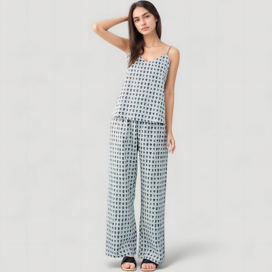 Cami Strap Pajama Set with Allover Floral Print and Relaxed Wide Leg Pants