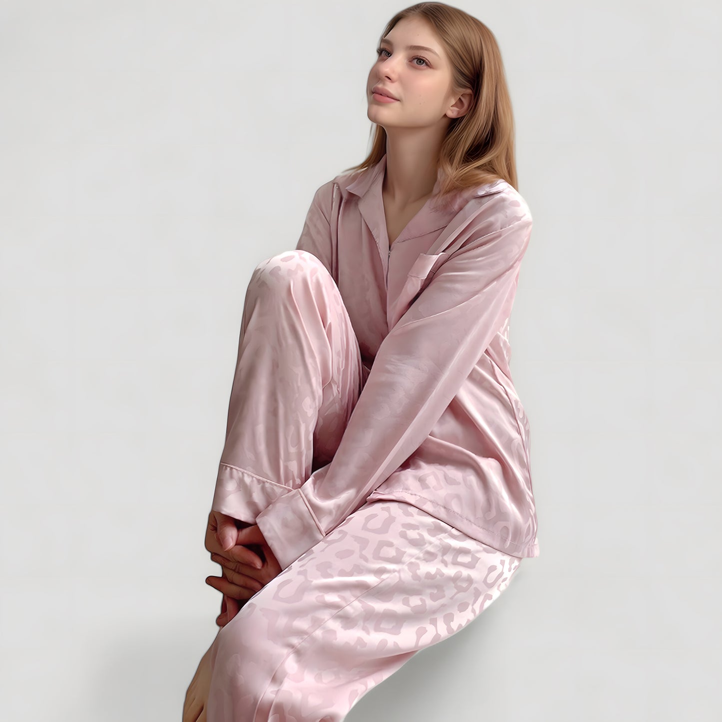 Long Sleeve Button Up Pajama Set with Satin Leopard Texture and Relaxed Fit Pants