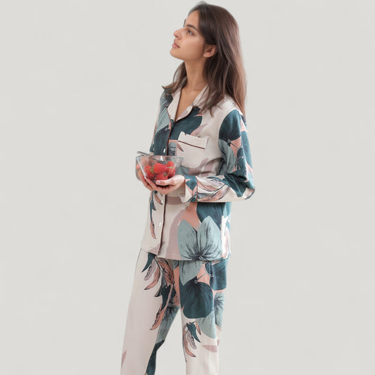 Floral Print Satin Pajama Set Long Sleeve Button-Up Top with Contrast Piping and Matching Lounge Pants