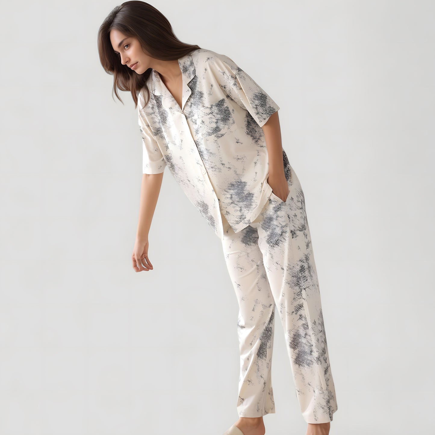 Short Sleeve Watercolor Print Satin Pajama Set with Button Up Top and Wide Leg Pants