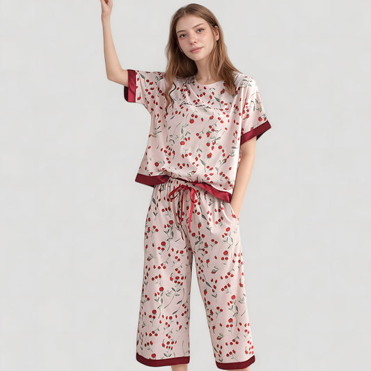 Cherry Print Satin Pajama Set with Short Sleeve Top and Cropped Drawstring Pants