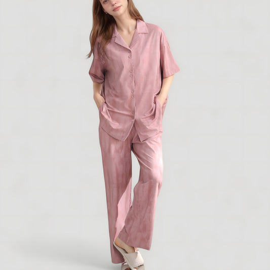 Satin Pajama Set with Short Sleeve Button-Up Top and Wide Leg Pants
