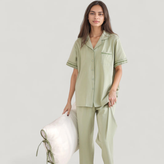 Solid Pajama Set with Contrast Stripe Trim Short Sleeve Top and Matching Lounge Pants