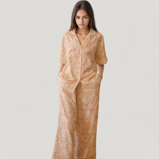 Floral Lace Trim Pajama Set Short Sleeve Button Top with Matching Wide Leg Lounge Pants