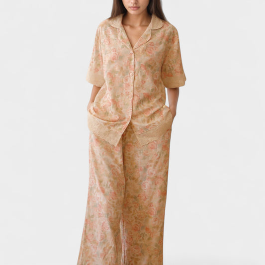 Floral Lace Trim Pajama Set Short Sleeve Button Top with Matching Wide Leg Lounge Pants