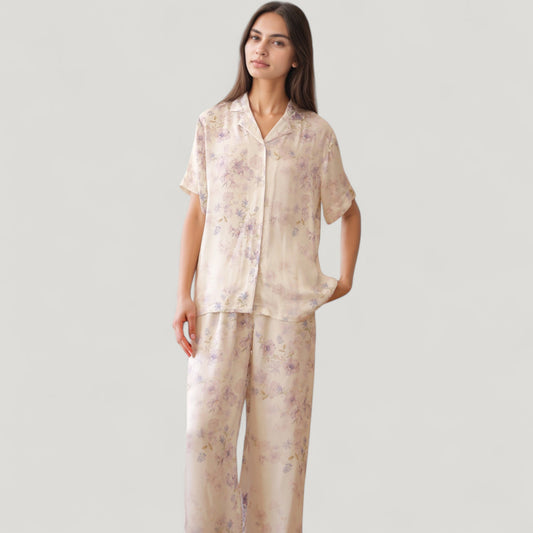 Long Sleeve Pajama Set Watercolor Floral Print Button-Up Top with Relaxed Wide Leg Pants