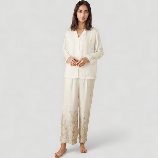 Floral Hem Pajama Set with Long Sleeve Top and Relaxed Fit Wide Leg Pants