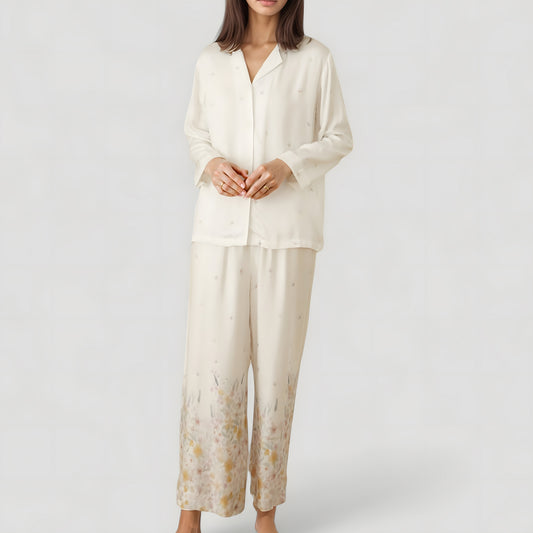Floral Hem Pajama Set with Long Sleeve Top and Relaxed Fit Wide Leg Pants
