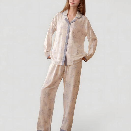Floral Print Long Sleeve Pajama Set with Contrast Piping Trim and Relaxed Button-Up Shirt