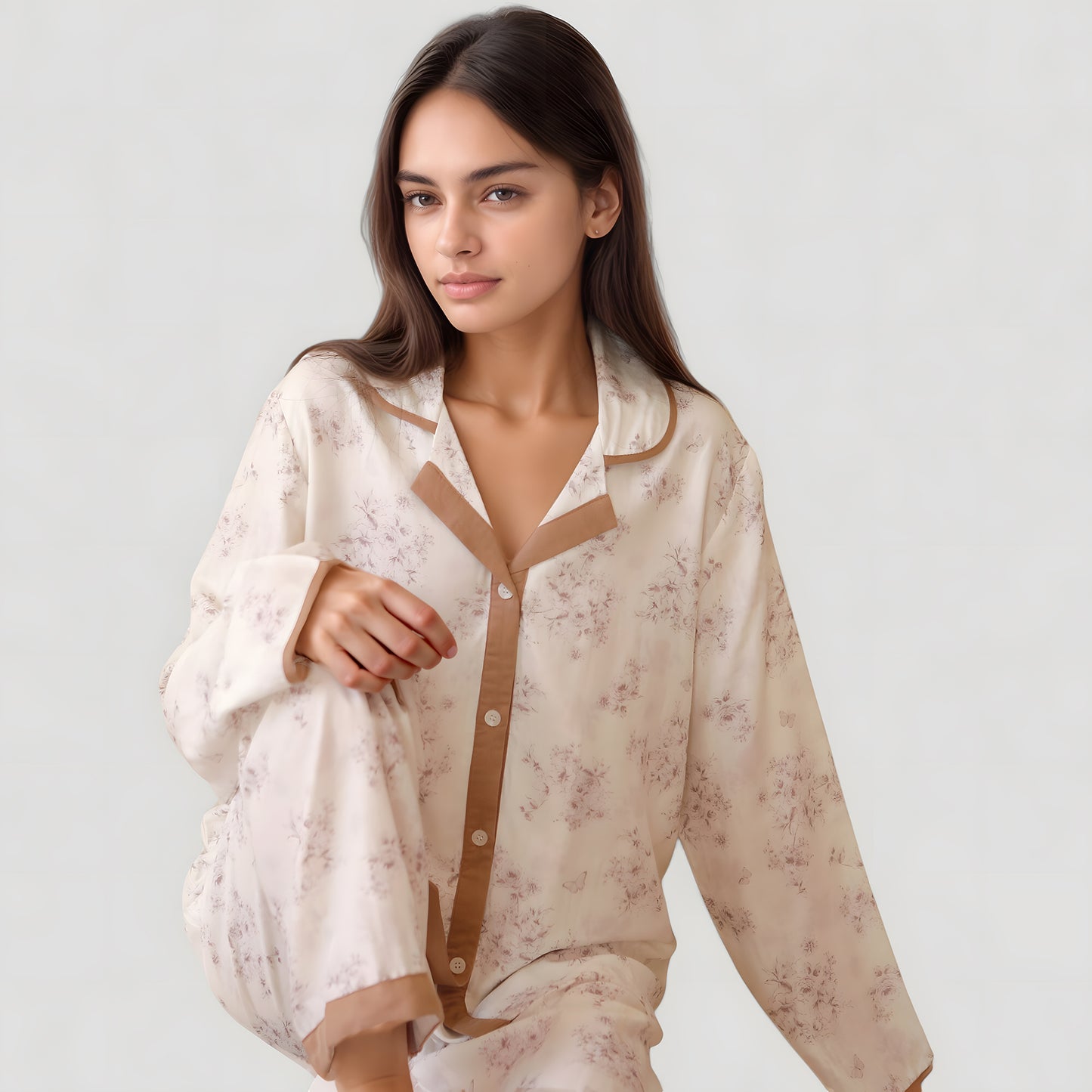 Floral Print Long Sleeve Pajama Set with Contrast Piping Trim and Relaxed Button-Up Shirt