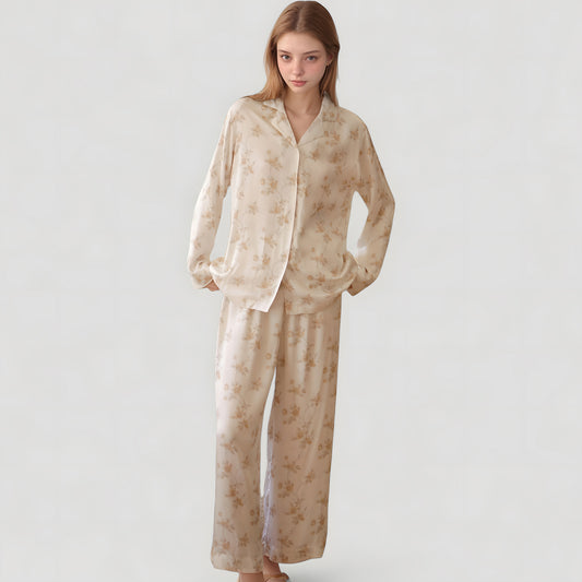 Dainty Floral Print Pajama Set with Button-Up Long Sleeve Top and Relaxed Wide Leg Pants