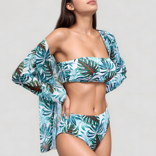 Three-Piece Swimsuit Set with Strapless Bandeau Top High Waist Bottoms and Sheer Long Sleeve Cover Up