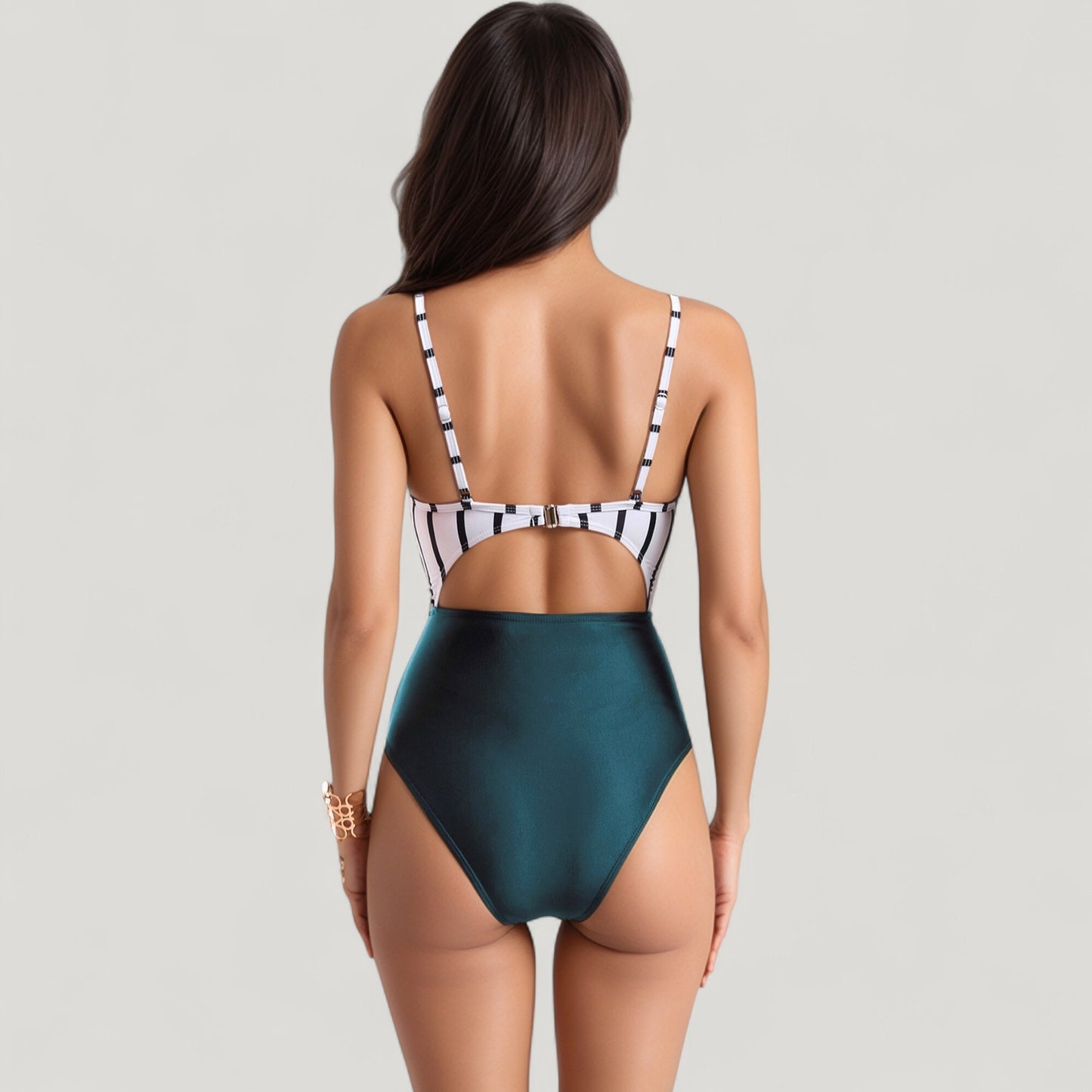 Striped One Piece Swimsuit with Adjustable Straps Tie Front Detail and Cutout Waist Design