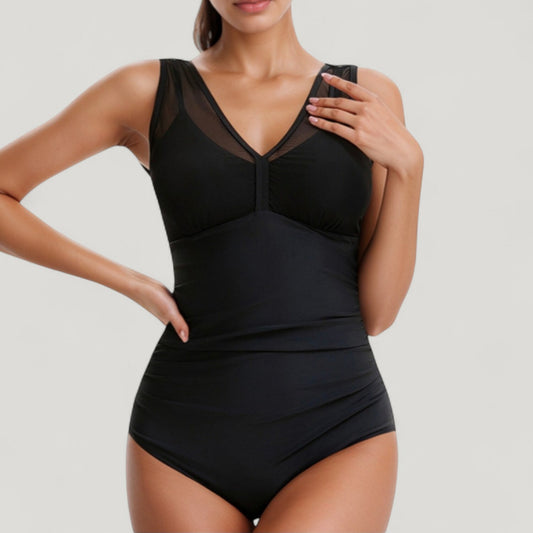 Mesh Insert V-Neck One Piece Swimsuit with Ruched Waist and Wide Shoulder Straps