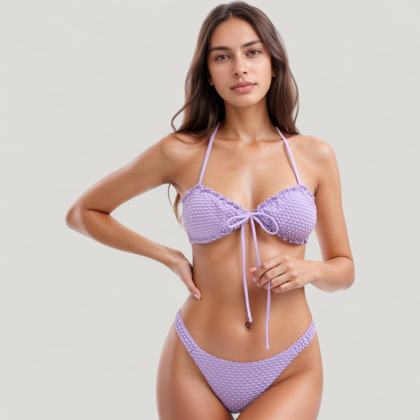 Textured Knit Bikini Set with Tie Front Bandeau Top and Low Rise Bottoms