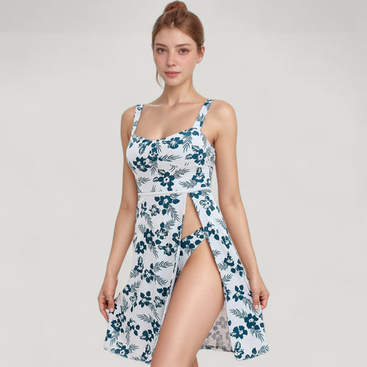 Three Piece Floral Swimsuit Set with Sleeveless Dress Overlay and Matching Bikini