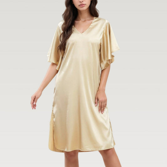 Satin Midi Dress with V-Neckline and Flutter Sleeves for a Relaxed Elegant Fit