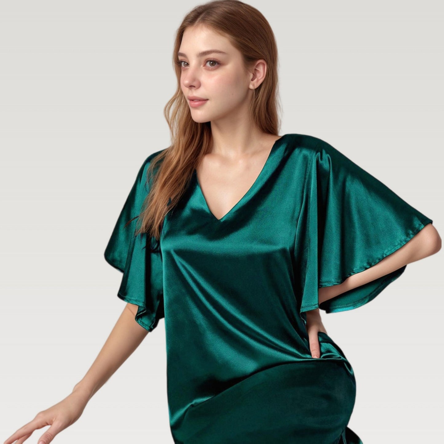 Satin Midi Dress with V-Neckline and Flutter Sleeves for a Relaxed Elegant Fit
