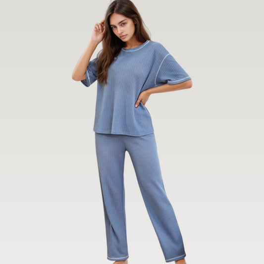 Waffle Knit Pajama Set with Short Sleeve Top and Relaxed Fit Wide Leg Pants