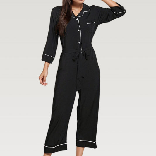 Button Front Pajama Jumpsuit with Contrast Trim and Waist Tie Detail